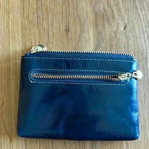Leather coin purse- Blue leather w/ 3 Zip compartments